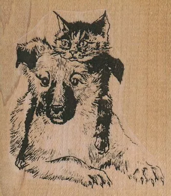 Cat And Dog Buddies 2 1/2 X 2 3/4  Rubber Stamp Cat Stamp Funny Cat Cute Cat • $9.75
