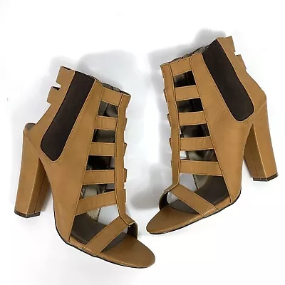 Michael Antonio 10 Sandals Brown Black Open Toe 4.5  Block Heel Cut Outs Heels • $31.49