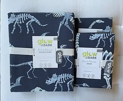 Pottery Barn Kids ORGANIC DINO BONES GLOW In The DARK Duvet Full Queen & Shams • $173