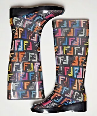 New Women's FENDI Multicolor Monogram Logo Rain Boots 35 4.5 3 Wellingtons Black • £231.12