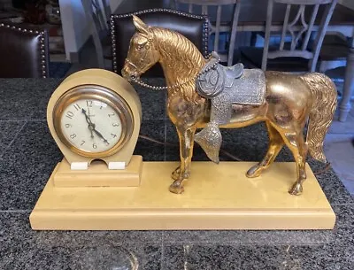 Vintage United Western Brass Horse Mantle Clock Wood Base Removable Saddle • $49.99