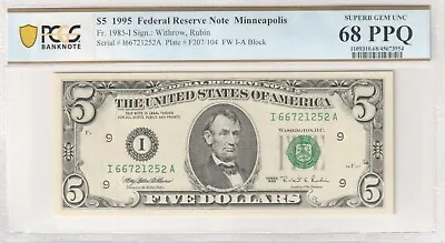 $5 1995 Federal Reserve Note Minneapolis WithrowRubin  FW I-A PCGS 68 Graded • $69.99