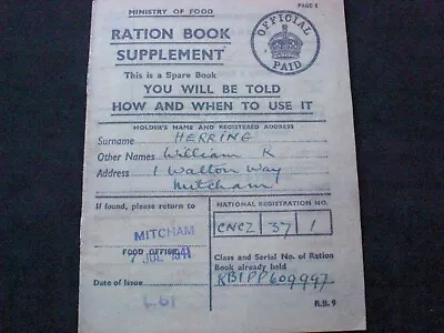 Ration Book Dtd Mitcham 7 Jul 1941 For William Herring 1 Walton Way Mitcham. • $1.26