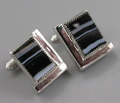 Mens Vintage Saw Tooth Set BLUE STRIPE ART GLASS CUFFLINKS Costume Jewelry R40 • $30