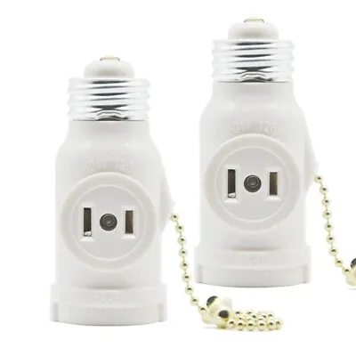 2 Outlet Light Socket Adapter With Pull Chain Switch White Medium Screw 2 Pack • $11.10