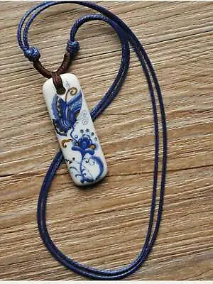 Vintage Ceramic Butterfly Shaped Pendant Necklace Blue & White Style • $6.32