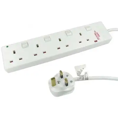 2m Switched Surge Protected UK Mains Power Strip Block Socket Extension 4 Ports • £13.49