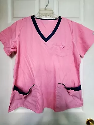 Butter-Soft Scrub Top Size L-Pink/Navy V-Neck W/3 Front Pkts-Chest 24 /L 27  • $10