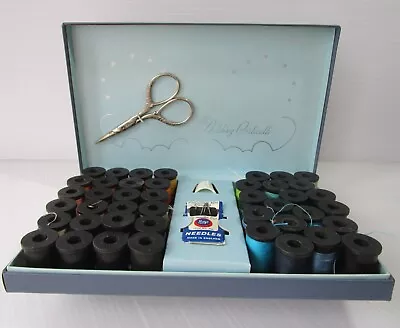 Vintage Belding Corticelli Sewing Kit Thread Box Scissors 30+ Wooden Spools READ • $16.25