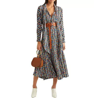 Vanessa Bruno Hevi Pussy Bow Floral Printed Stripe Crepe Midi Dress 38 Fr • $198