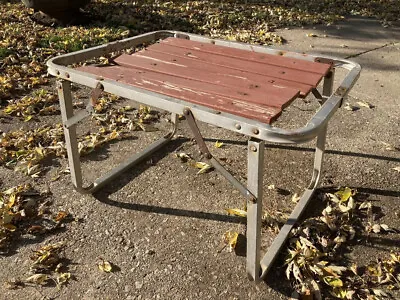 Vintage Mid Century Folding Camp Table Rickety Slat Wood Sturdy Aluminum Frame • $55