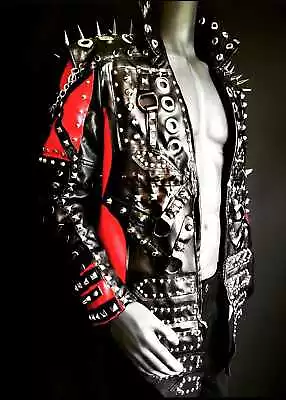 Mens Gothic Rock  Metal Spiked Studded Black Leather Jacket Veste En Cuir Homme • $299