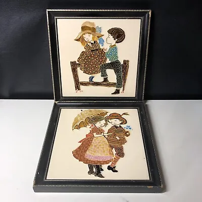 2 X Framed MAW & Co Majolica Tiles 1970s 9.25” Children (C8) • $37.29