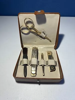 Vintage Trim Manicure Set Scissors Clippers File In Hard Brown Case • $29