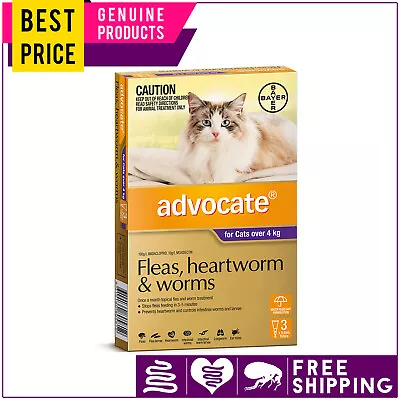 ADVOCATE Over 4 Kg Purple 3 Doses For Cats Flea Heartworm And Worm Treatment • $51.95