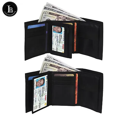 Men's European Cowhide Black Leather Trifold Wallet 3 ID8 Slots Change Pocket • $13.40