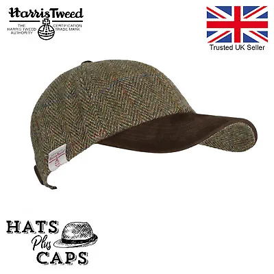 Baseball Cap Genuine Harris Tweed 100% Wool  Leather Peaked Hat • £27.99