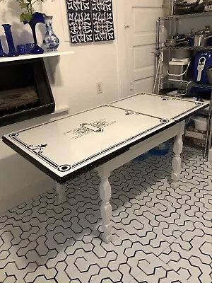 Vintage Porcelain Enamel Top Table Retractable Leaf 32x62in Black & White • $325