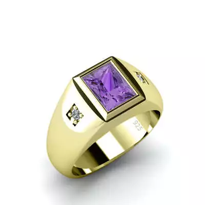 Handmade Men's Ring With 2.40ctw Amethyst Gemstone And Diamonds In Gold-Plated S • $249.90
