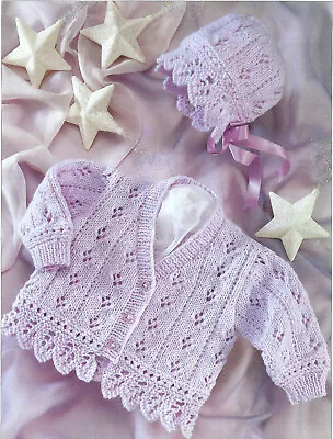 Baby Girls Lacy Matinee Cardigan Coat Bonnet KNITTING PATTERN DK 16 - 26  Jacket • £2.15