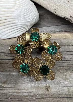 Vintage Small Mini Brooch Pin Green Rhinestone Costume Pin Jewelry AS-IS 💚 • $18.70