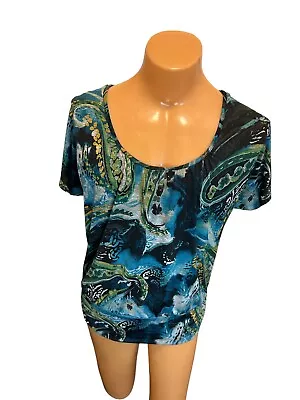 AB Studio Large Top Paisley Abstract Dolman Sleeve Scoop Neck Cut-Out Stretch • $12