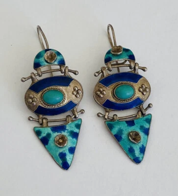 $199.99 • Buy Vintage Chinese Export Blue Enamel 925 Sterling Silver Turquoise Dangle Earrings