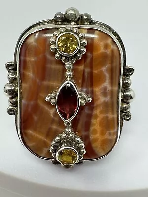 Vintage Sajen Sterling Silver Fire Agate Citrine Garnet Ring Size 8 Adjustable • $99