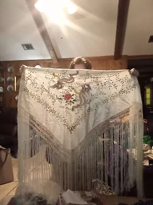 Lg Vintage Silk Embroidered Piano Shawl Hand Fringe Phoenix Bird 74x74  • $99.99