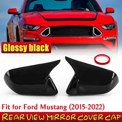 For 2015-2022 Ford Mustang Gloss Black M Horn Rearview Side Mirror Cover Caps • $27.99