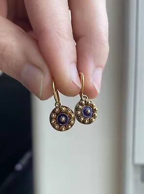 19k Gold Etruscan Colbalt Blue Enamel Earrings Antique Victorian Dormeuse • £120.46