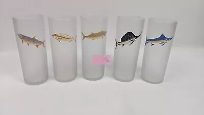 Vintage Set Of Tall Frosted Fish Glasses 6  Tall Lot Of 5 • $69.99