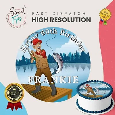 Fishing / Fisherman Edible Round Birthday Cake Topper Decoration Personalised • £4.49