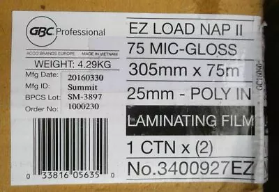 GBC 2 Rolls Laminating Film 305mm 75m 75 Micron 3400927 EZ Load Nap Gloss Shiny • £30