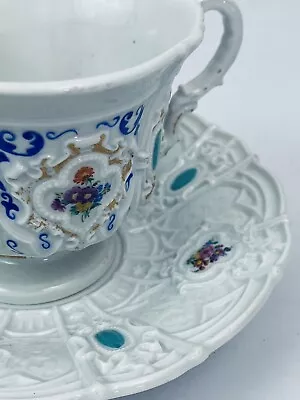 Antique Meissen Footed Tea Cup & Saucer Floral & Turquoise Jeweled • $314.99