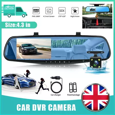 Mirror Dual Lens Dash Cam FHD Car DVR Camera Front And Rear Video Night Recorder • £13.88