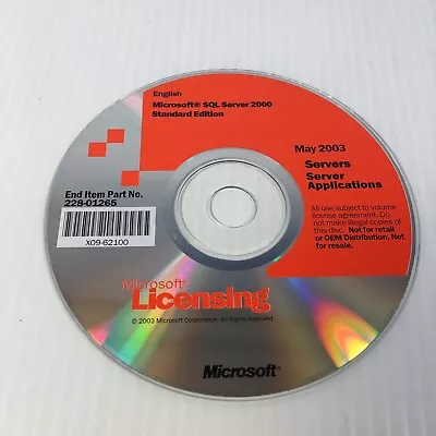 Microsoft SQL Server 2000 Standard Edition X09-62100 Software CD May 2003 Rare • $6