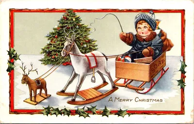 Vintage Whitney Made Postcard Boy In Soap Box Sled Wooden Horses Tree • $6