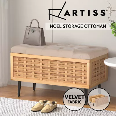Artiss Storage Ottoman Blanket Box Bench 80cm Weaved Velvet Chest Couch Pine • $109.95