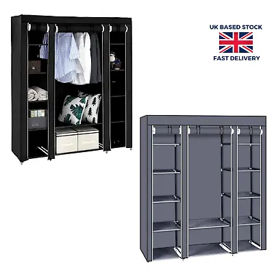 Practical Fabric Canvas Wardrobe Clothes Storage Cupboard Hanging Rail Shelving • £21.99