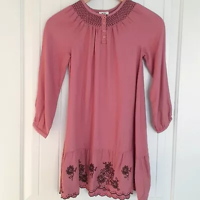 Mini Boden Long Sleeve Dress With Embroidered And Scallop Hem Pink Size 7-8Y • $25