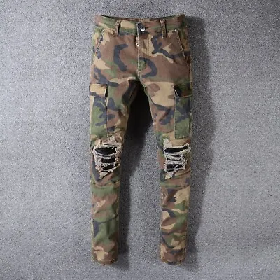Mens Slim Camouflage Ripped Jeans Army Style Stretch Frayed PU Patch Biker Pants • $59.17