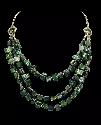 Womens Statement Necklace 3 Strands Dark Green Abalone Chip / Rhinestone Accents • $25.95