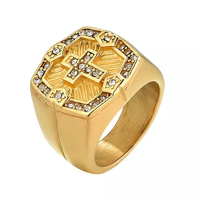 Men's Gold Tone Stainless Steel Rhinestone Religious Cross Pray Band Ring 8#-13# • $9.99