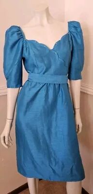 Geoff Bade Ladies Vintage Dress Size 8/10 Teal Sweetheart Neckline Pearls • $56