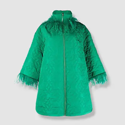 $3123 Elie Saab Women's Green Feather-Trim Quilted Coat Size 34 • $999.58