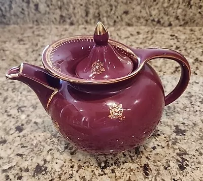 Vintage Hall China Co. Windshield Shape Teapot Camille Rose 6 Cup USA Gold Roses • $25