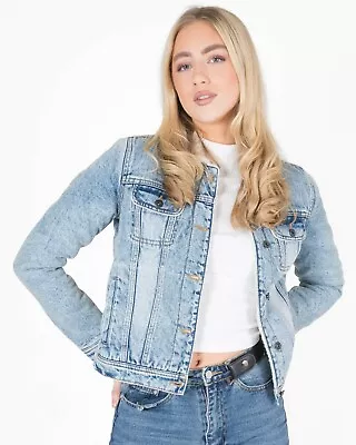 New Women's Ladies Sherpa Lined Denim Premium Jeans Borg Jacket  Trucker Coat  • £25.99