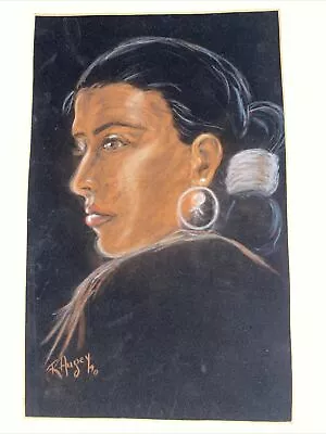 Vntg Original 1970s Native American Art Indian Woman Charcoal Chalk Painting • $55.76