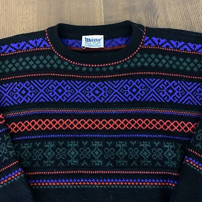 Meister Mens Large Vintage Retro 80s Wool Ski Lodge Style Sweater Black Colorful • $34.50